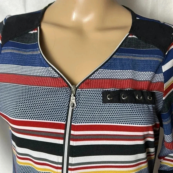 LE GRENIER striped blouse,front 3/4 zip,faux laced pocket, velvet  patches. - Picture 10 of 12